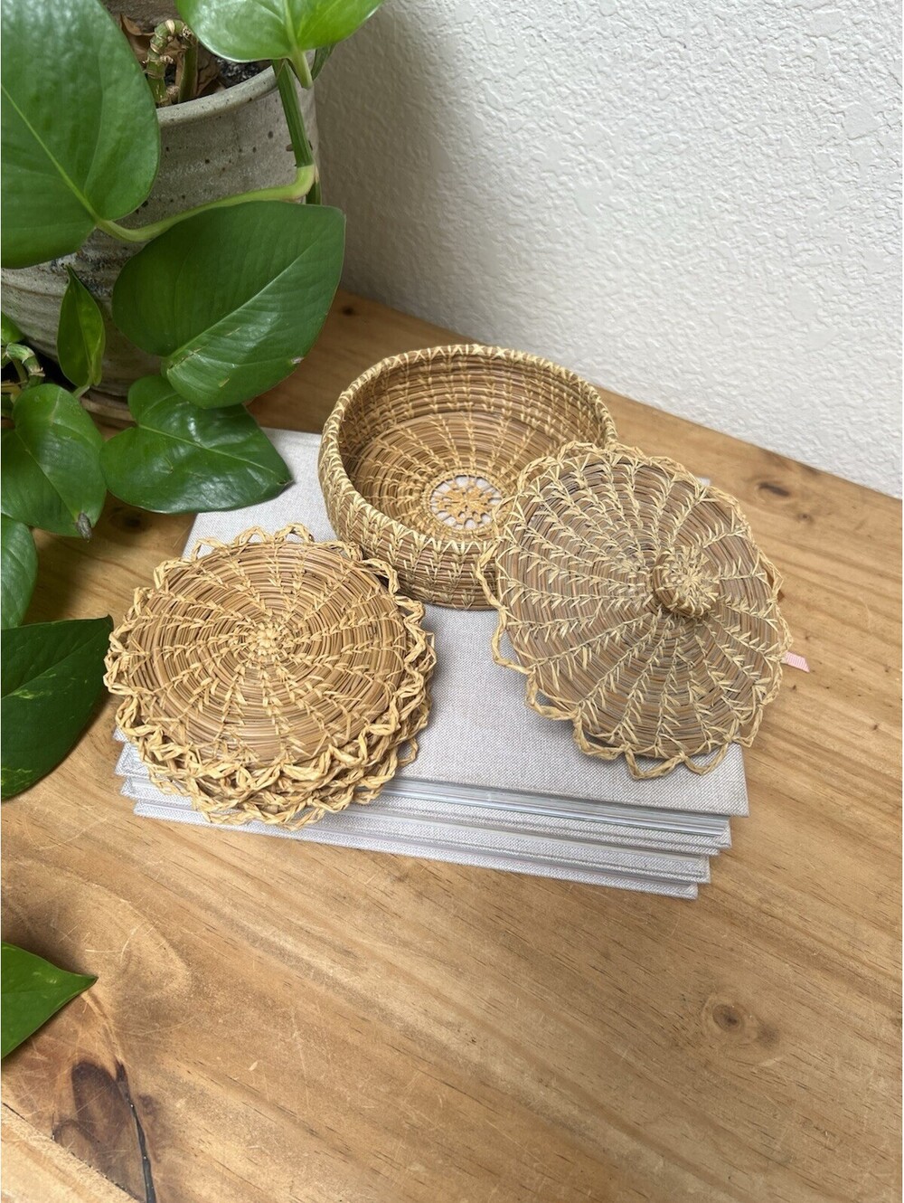 5 Vintage Woven Pine Needle Coasters and Basket with Lid Set Boho Southwest